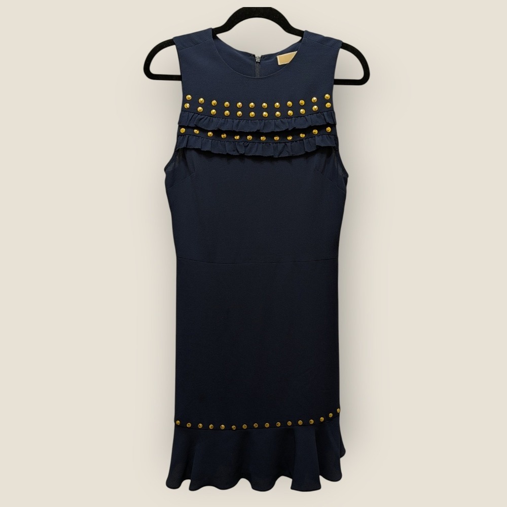 Michael Kors Navy Blue Studded Ruffle Crepe Dress Small Sleeveless Mini